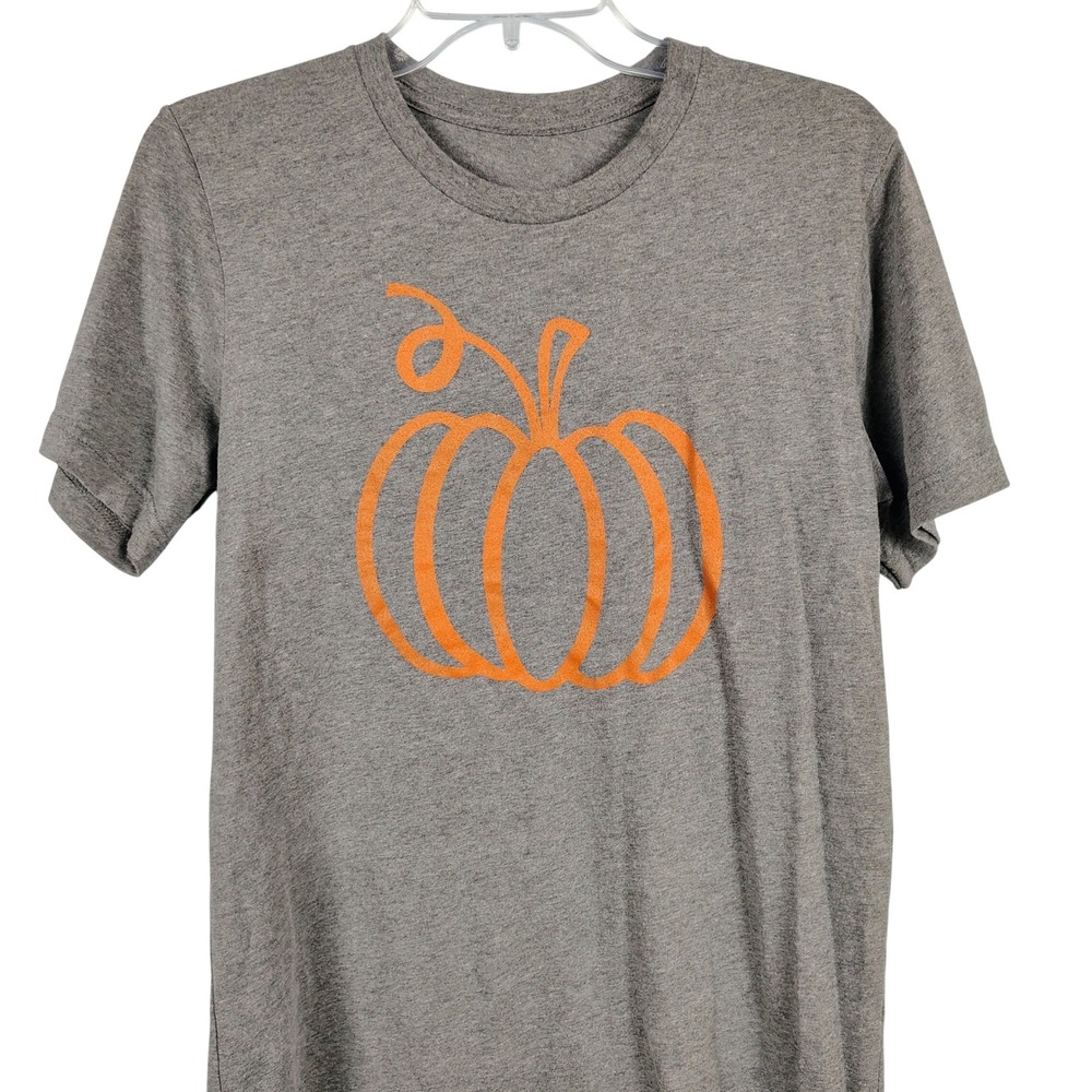 Womens SZ S Pumpkin Graphic Tee Gray Orange Fall Autumn Seasonal T-Shirt